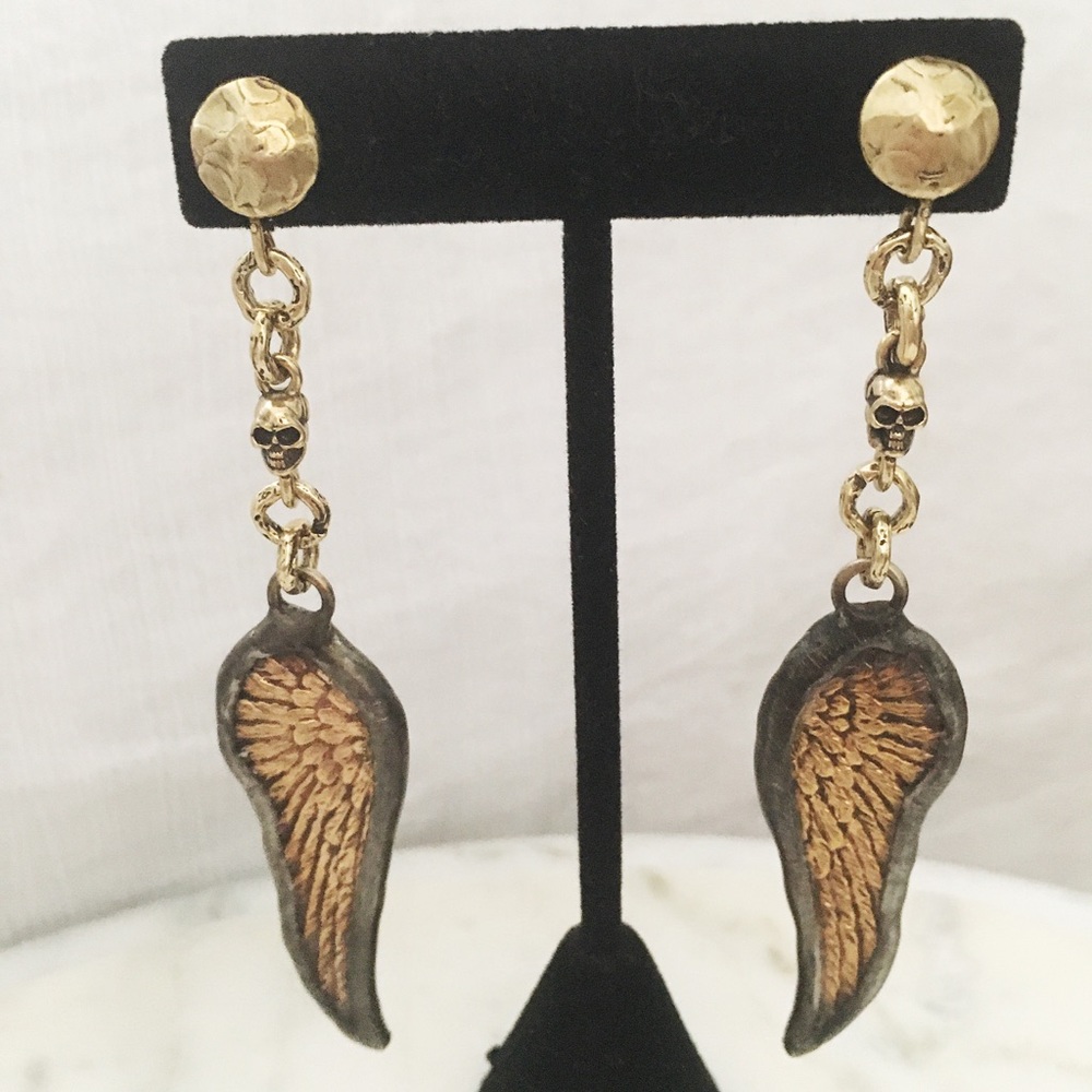 Bronze Skull and Angel Wing Post Earrings